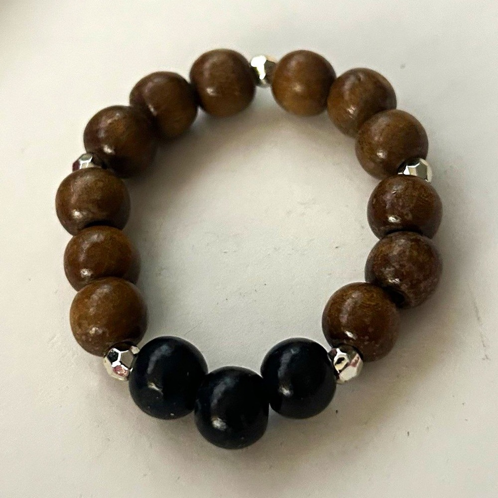 Beaded Stretch Bracelet, Wooden Brown & Black Round Beads, No Clasp